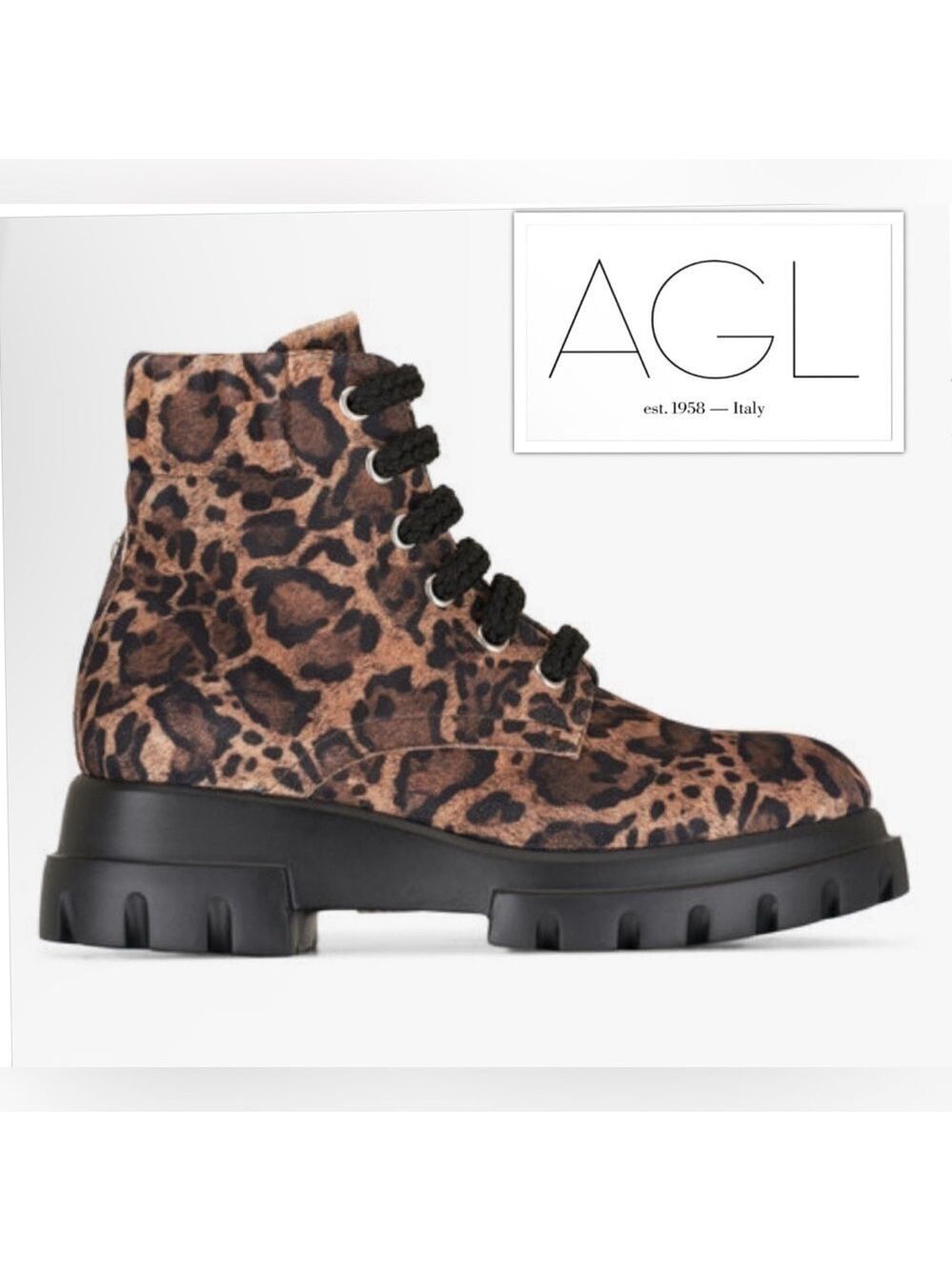 🐆NEW AGL Grunge Chelsea Leopard Lace Up Leather Lug Sole Combat Boots EU37 nwob